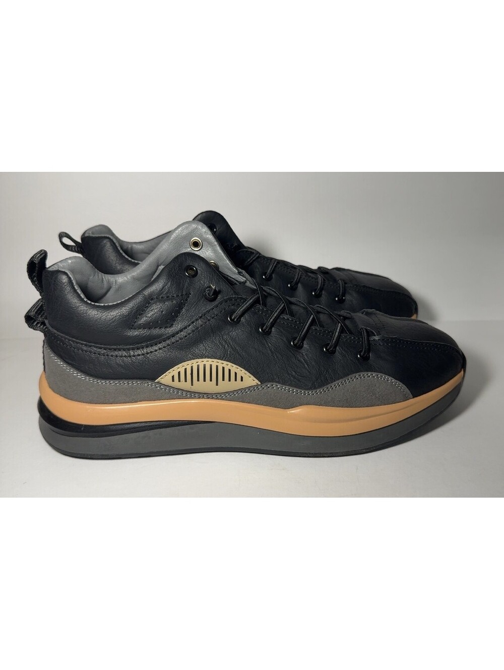 BUBUK Mens Casual Athletic Shoes Black Leather Grey Tan
